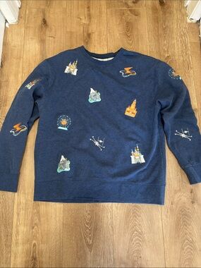 Disney Navy Crewneck Sweatshirt with Colorful Park Patch Motifs